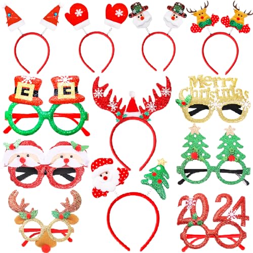 Acuiwer 12 Stück Weihnachten Haarreifen Weihnachtsbrille Set Haarschmuck für Weihnachtsfeiern Cosplay Weihnachten Kostüm Stirnbänder mit Brille Set von Acuiwer