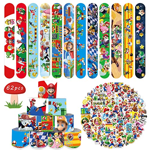 Acuiwer Schnapparmband 12 Stück Slap Armbänder mit 50 Aufkleber Kindergeburtstag Gastgeschenke Mario Party Slap Bracelet für Kinder Mädchen Jungen (*12 stk Mariol+50) von Acuiwer