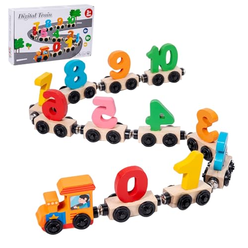 Acunny Magnetischer Zug aus Holz, magnetischer Holzzug – Digitaler Zug für – Set mit 12 Zugautos, Lernspielzeug zur Entwicklung von Fähigkeiten im Zug für Jungen und von Acunny