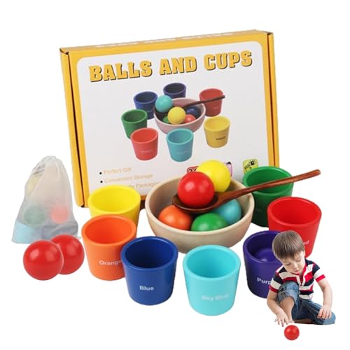 Acunny Spielzeug zum Sortieren von Farben aus , große Kugel in einer Tasse, tragbare und sichere Aktivitätswürfel aus Naturholz – Spiel für die frühe Entwicklung, Aktivitätsspielzeug mit 7 Tassen von Acunny