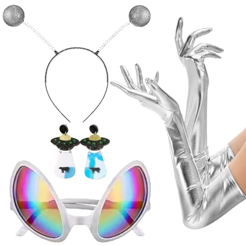 AdKot Alien Kostüm Set, Alien Rave Outfit, Karneval Zubehör Damen Set, Karneval Kostüm Damen, Damen Verkleidung Erwachsene Kostüm Zubehör 4 Stück von AdKot