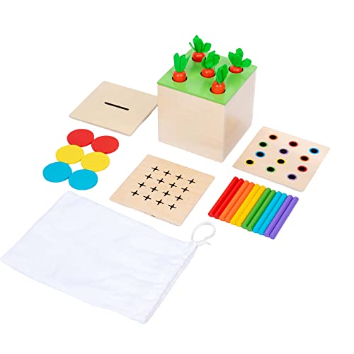 4 in 1 Montessori Play Kit Box - Wattestäbchen Board Fine Motor Skills Game, Coin Box, Carrot Harvest Game, Matchstick Color Drop Game - Montessori Spielzeug für Babys 6-12 Monate, 1 Jahr, 2 Jahre 4 in 1 Montessori Play Kit Box - Wattestäbchen Board Fine Motor Skills Game, Coin Box, Carrot Harvest Game, Matchstick Color Drop Game - Montessori Spielzeug für Babys 6-12 Monate, 1 Jahr, 2 Jahre von Adena Montessori