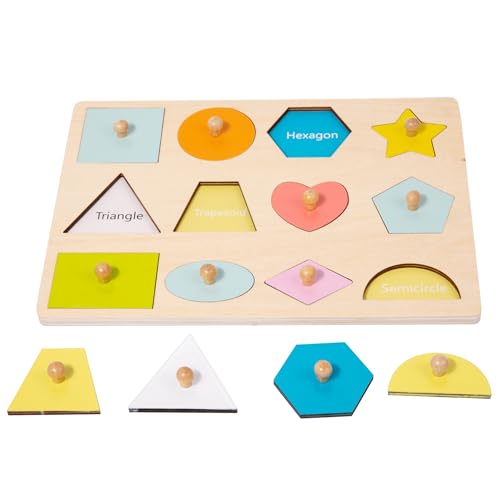 Adena Montessori Holzpuzzle für Babys 12–24 Monate,Formsortierer für Kleinkinder ab 1–3 Jahre – Farben & Formen Sortierspiel, Motorikspielzeu(12 Geometrische Formen) von Adena Montessori
