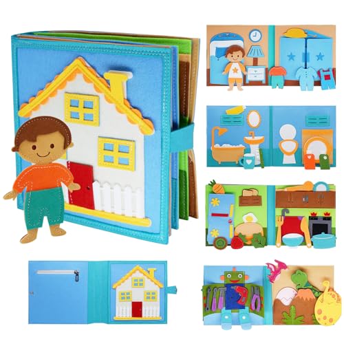 Adena Montessori Quiet Book für ab 1+ Jahre – Stoffbuch aus Filz mit Alltagsszenen & Anziehspiel – Montessori Busy Book Lernspielzeug ab 1 2 3 4 Jahre – Geschenkidee für Jungen von Adena Montessori