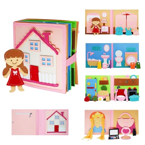 Adena Montessori Quiet Book für ab 1+ Jahre – Stoffbuch aus Filz mit Alltagsszenen & Anziehspiel – Montessori Busy Book Lernspielzeug ab 1 2 3 4 Jahre – Geschenkidee für Mädchen von Adena Montessori