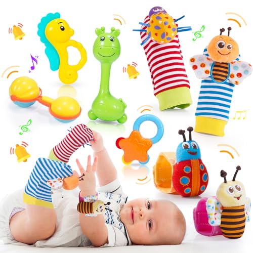 Adeokay Baby Rassel 0-6 Monate, Spielzeug 0 3 6 9 Rasselsocken Motorikspielzeug ab 1 Jahr Neugeborenen Geschenk Saugnapf Montessori, Mehrfarbig von Adeokay