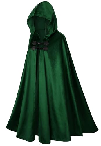 Adigau Herren Rollenspiel Kapuzenbekleidung Halloween Samt Umhang Hexe Vintage Kostüm Renaissance Mittelalter Umhang Zauberer Cosplay Poncho Olivgrün L (Länge 130 cm) von Adigau