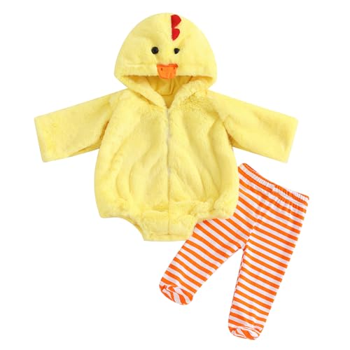 Adobabirl - Halloween-Kostüm für Babys, Mädchen, mit Kapuze, Plüsch, Küken-Umhang, Ärmel, gestreifte Hose, niedliche Kleidung (Hühner-Kostüme, Gelb, 6–12 Monate) von Adobabirl