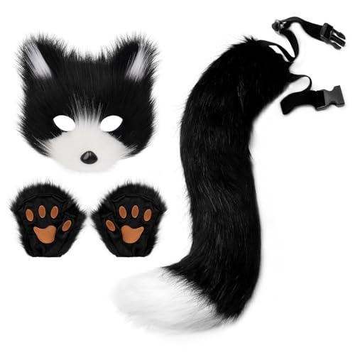 Adolala Faux Pelz Cosplay Kostüm Set mit Fuchs, Katze und Wolf Schwanz, Plüschmaske, flauschige Pfotenhandschuhe, Halloween-Party und Weihnachten für Mädchen und Frauen, Schwarz / Weiß, Talla Única Adolala Faux Pelz Cosplay Kostüm Set mit Fuchs, Katze und Wolf Schwanz, Plüschmaske, flauschige Pfotenhandschuhe, Halloween-Party und Weihnachten für Mädchen und Frauen, Schwarz / Weiß, Talla Única von Adolala