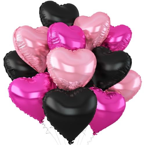 Pink-schwarze Herzballons, 45,7 cm, herzförmige Folien-Heliumballons für Babyparty, Geburtstag, Jahrestag, Hochzeit, Verlobung, Party-Dekoration, 12 Stück Pink-schwarze Herzballons, 45,7 cm, herzförmige Folien-Heliumballons für Babyparty, Geburtstag, Jahrestag, Hochzeit, Verlobung, Party-Dekoration, 12 Stück von Adorely
