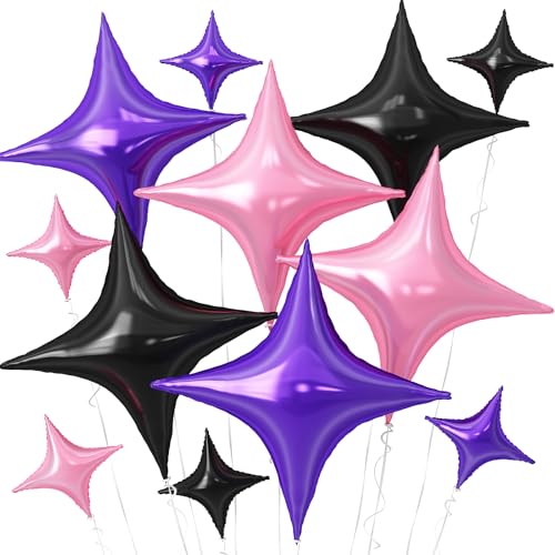 Schwarz-violett-rosa Stern-Ballons, 12 Stück, 4-Winkel-Stern-Folienballons, 66 cm und 25,4 cm, schwarz-violett, Viereck-Heliumballon für Halloween, Geburtstag, Babyparty, Jahrestag, Party-Dekorationen von Adorely
