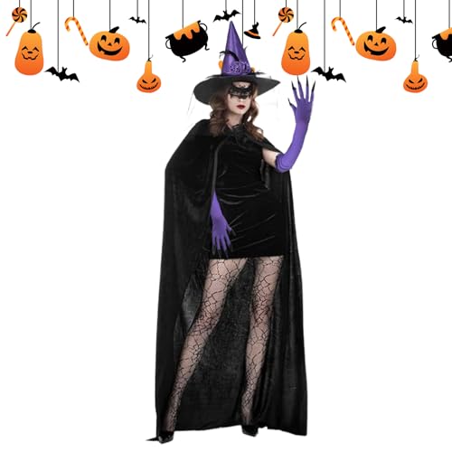 Adsfvs Hexenkostüm | Set Mit Hexenhandschuhen Für Damen | Halloween Spitzenmaske Socken Umhang Hut Für Bühne Veranstaltungen Hochzeit von Adsfvs