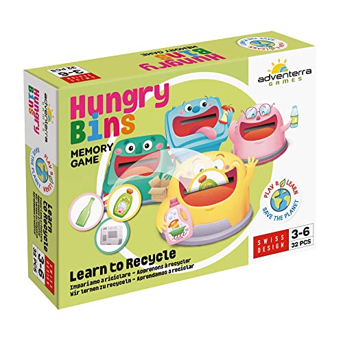 Adventerra Games, Memory Hungry Bins Wir Lernen zu recyceln, Memory ab 3 Jahre, Montessori-Lernspiele, Ökologische Spiele von ADVENTERRA