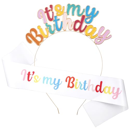 Aeaocvo Geburtstags-Girl-Schärpe für Mädchen, Stirnband-Set, Geburtstags-Tiara, bunte Geburtstagskrone für Mädchen und Frauen, Happy Birthday, Prinzessinnenkrone, Happy Birthday, Zubehör, Krone und Aeaocvo Geburtstags-Girl-Schärpe für Mädchen, Stirnband-Set, Geburtstags-Tiara, bunte Geburtstagskrone für Mädchen und Frauen, Happy Birthday, Prinzessinnenkrone, Happy Birthday, Zubehör, Krone und von Aeaocvo