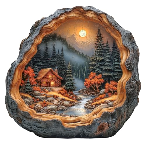 AEEKDOOK Holzpuzzles für Erwachsene – 100 Teile Waldhütte Puzzle – Einzigartige Formen Holzpuzzle für Erwachsene – Umweltfreundliches Puzzle Home Office Dekor (S-20,8 x 21,6 cm) von Aeekdook