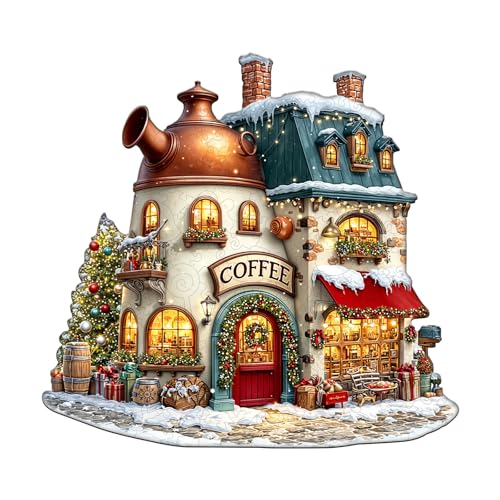 AEEKDOOK Holzpuzzles für Erwachsene – 100 Teile Weihnachtscafé-Puzzle – Einzigartige Formen Holzpuzzle für Erwachsene – Umweltfreundliche Heimbüro-Dekoration (S- 21,6 x 20,3 cm) von Aeekdook