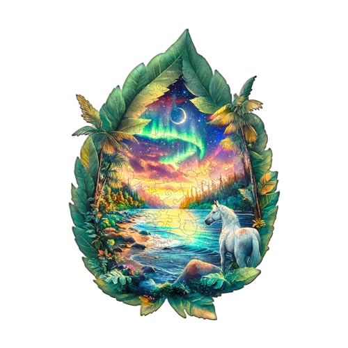 AEEKDOOK Holzpuzzles für Erwachsene – 200 Teile Aurora White Horse Puzzle – Einzigartige Formen Holzpuzzle für Erwachsene – Umweltfreundliches Puzzle Home Office Dekor (M-32,3 x 23,4 cm) von Aeekdook