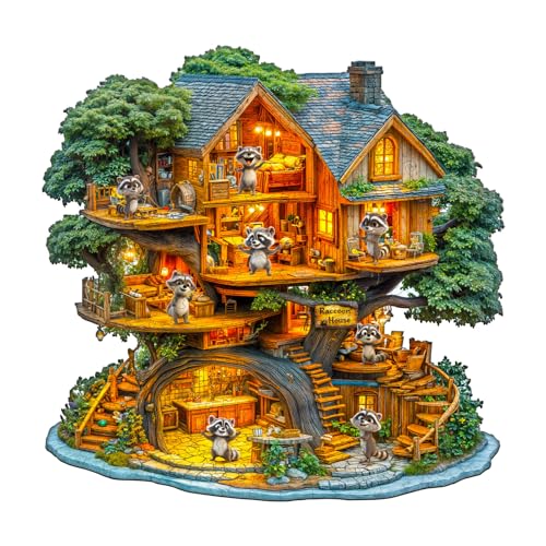 AEEKDOOK Holzpuzzles für Erwachsene – 200 Teile Raccoom House Puzzle – Einzigartige Formen Holzpuzzle für Erwachsene – Umweltfreundliche Heimbüro-Dekoration (29 x 28,4 cm) von Aeekdook