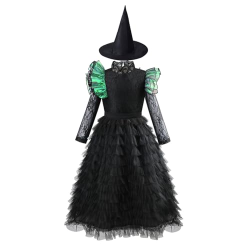 Aegisdorn Deluxe Halloween Hexenkostüm für Kinder, Mädchen, schwarzes Tüllkleid mit grünen Rüschen und Hut, langärmeliges Spitzendesign (schwarz, 6–7 Jahre) von Aegisdorn