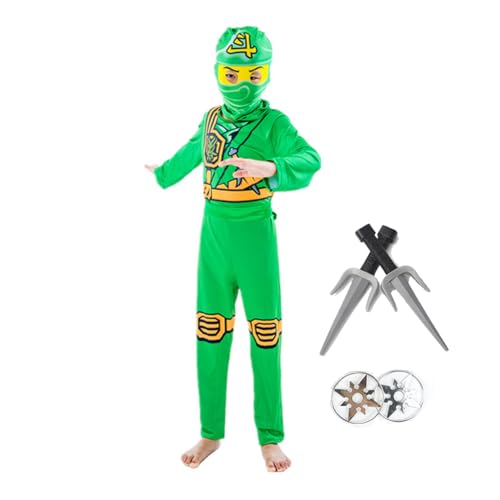 Aegisdorn Ninja Kostüm für Kinder Baumwollmischung Unisex Halloween Dress Up Set mit Zubehör Alter 4-12 Jahre (Grün, 110) von Aegisdorn