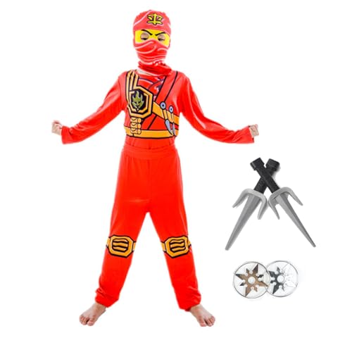 Aegisdorn Ninja Kostüm für Kinder Baumwollmischung Unisex Halloween Dress Up Set mit Zubehör Alter 4-12 Jahre (Rot, 110) von Aegisdorn