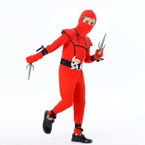 Aegisdorn Ninja-Kostüm für Kinder mit Zubehör, Ninja-Kostüm für Jungen für Halloween und Karneval, 4–12 Jahre (rot, 4–6 Jahre) von Aegisdorn