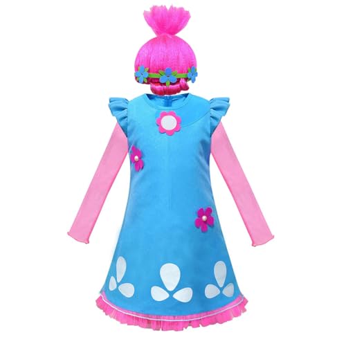 Aegisdorn Prinzessinnenkleid für Mädchen mit rosa Ärmeln, blauem Blumenmuster und passender rosa Perücke (Farbe 1, 7–8 Jahre) von Aegisdorn