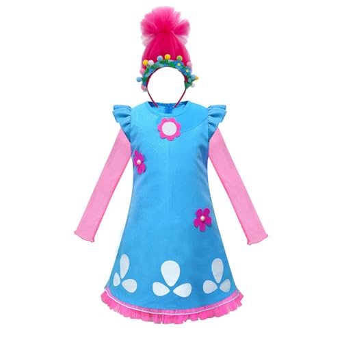 Aegisdorn Prinzessinnenkleid für Mädchen mit rosa Ärmeln, blauem Blumenmuster und passender rosa Perücke (Farbe 2, 9–10 Jahre) von Aegisdorn