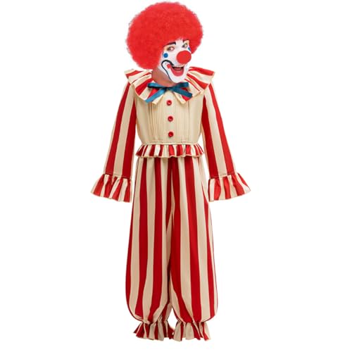 Aegisdorn Vintage Zirkus Clown Kostüm mit roter Perücke, rot-weiß gestreifter Overall Kinder Theateroutfit (rot, 110) von Aegisdorn