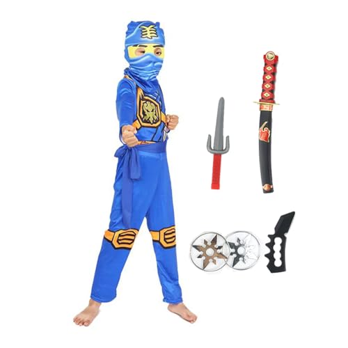 Ninja-Krieger-Kostüm-Set für Kinder, Jungen, Blau, Grün, Rot, Gelb, mit Waffenmaske und Zubehör (blau, 110) von Aegisdorn