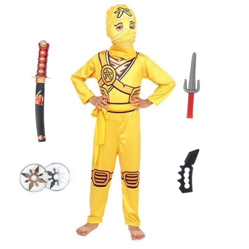 Ninja-Krieger-Kostüm-Set für Kinder, Jungen, Blau, Grün, Rot, Gelb, mit Waffenmaske und Zubehör (gelb, 150) von Aegisdorn