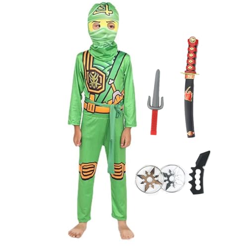 Ninja-Krieger-Kostüm-Set für Kinder, Jungen, Blau, Grün, Rot, Gelb, mit Waffenmaske und Zubehör (grün, 110) von Aegisdorn