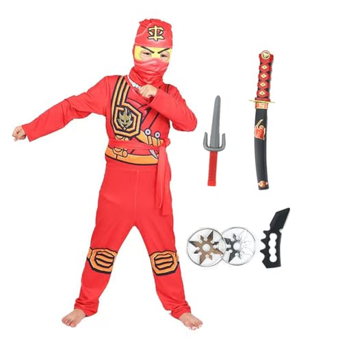 Ninja-Krieger-Kostüm-Set für Kinder, Jungen, Blau, Grün, Rot, Gelb, mit Waffenmaske und Zubehör (rot, 110) von Aegisdorn