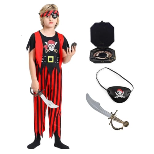 Piratenkostüm-Set für Kinder, 6-teiliges Outfit mit Zubehör, rot und schwarz gestreiftes Design, Alter 3–10 Jahre (Stil 1, 7–8 Jahre) von Aegisdorn