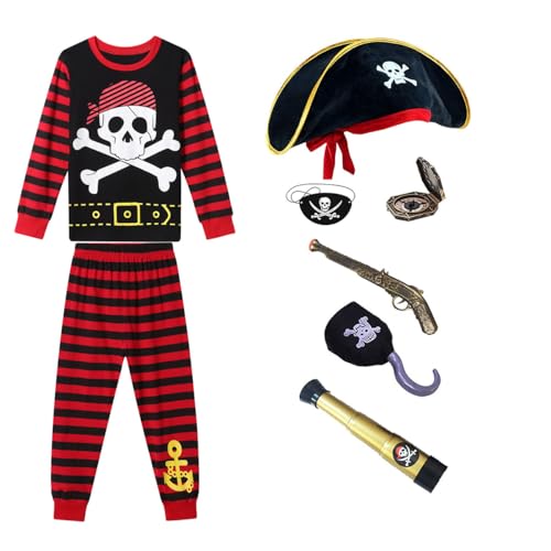 Piratenkostüm-Set für Kinder, Jungen, mit gestreiftem Pyjama, Hut, Augenklappe, Haken, Teleskop, Kompass und Spielzeugpistole (Pirat, 90) von Aegisdorn