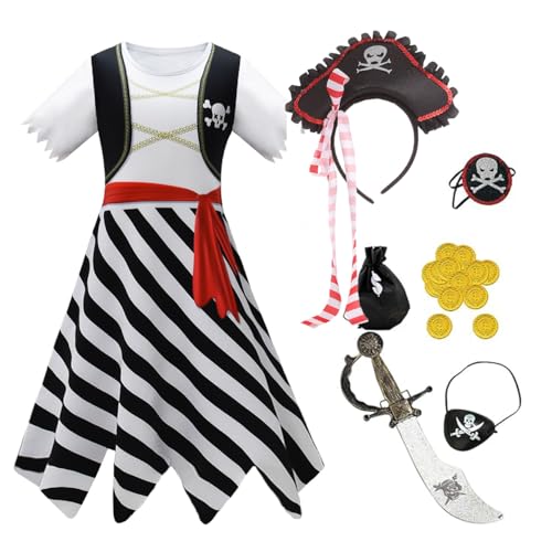 Piratenkostüm-Set für Mädchen mit Kleid, Hut, Schwert, Augenklappe und Zubehör, schwarz und rot gestreift (Farbe 1, 7–8 Jahre) von Aegisdorn