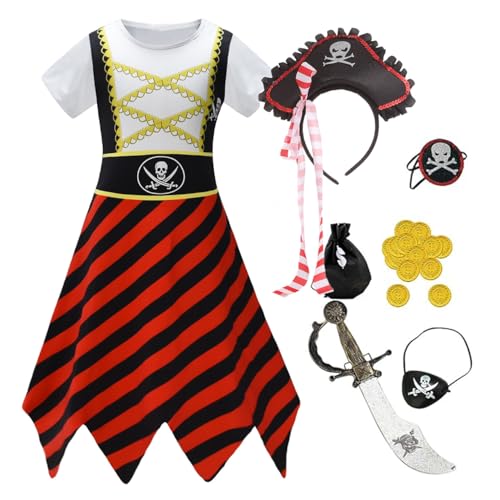 Piratenkostüm-Set für Mädchen mit Kleid, Hut, Schwert, Augenklappe und Zubehör, schwarz und rot gestreift (Farbe 2, 4–5 Jahre) von Aegisdorn
