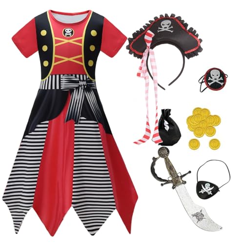 Piratenkostüm-Set für Mädchen mit Kleid, Hut, Schwert, Augenklappe und Zubehör, schwarz und rot gestreift (Farbe 3, 4–5 Jahre) von Aegisdorn