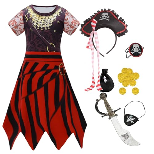 Piratenkostüm-Set für Mädchen mit Kleid, Hut, Schwert, Augenklappe und Zubehör, schwarz und rot gestreift (Farbe 4, 7–8 Jahre) von Aegisdorn