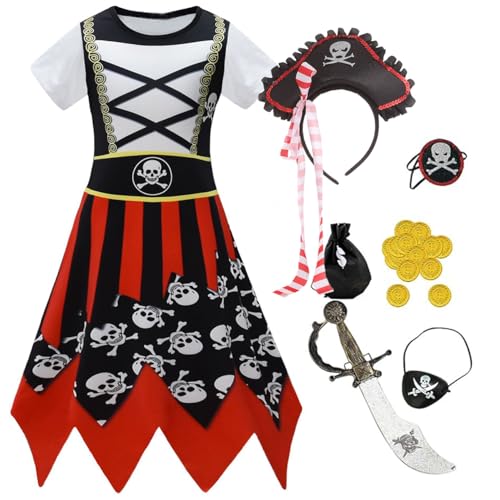 Piratenkostüm-Set für Mädchen mit Kleid, Hut, Schwert, Augenklappe und Zubehör, schwarz und rot gestreift (Farbe 5, 5–6 Jahre) von Aegisdorn