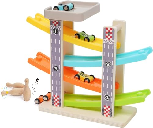 Kugelbahn Baby Holz Murmelbahn Auto Rennbahn Spielzeug Motorikspielzeug Geschenke ab 1 2 3 Jahre Jungen Mädchen 30.5X26X10cm von Aelbsty