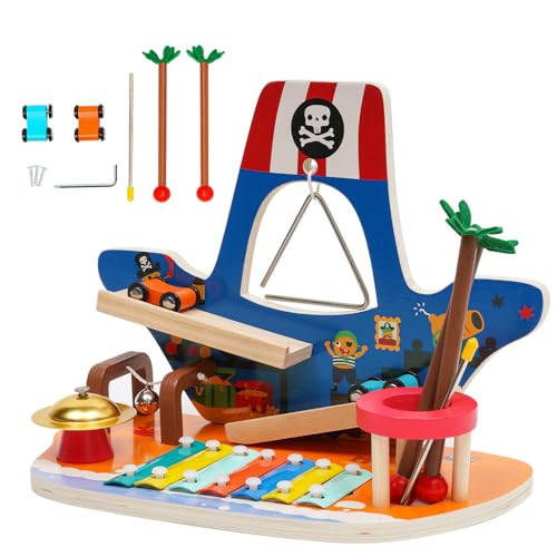 Schlagzeug & Schlagwerk Montessori Spielzeug Kinder Xylophon,Hammerspiel für Kinder ,Baby Musikspielzeug Set aus Holz（Inklusive Autos, Glocken etc.）（Piratenboot） von Aelbsty