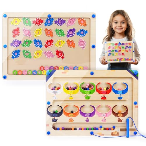 Aeocidy Montessori Magnetspielzeug Holz Labyrinth ab 3 Jahre – Lernspiel Alphabet & Zahlen – Motorikspiel doppelseitig für Kinder Mädchen Jungen 3 4 5 Jahre von Aeocidy