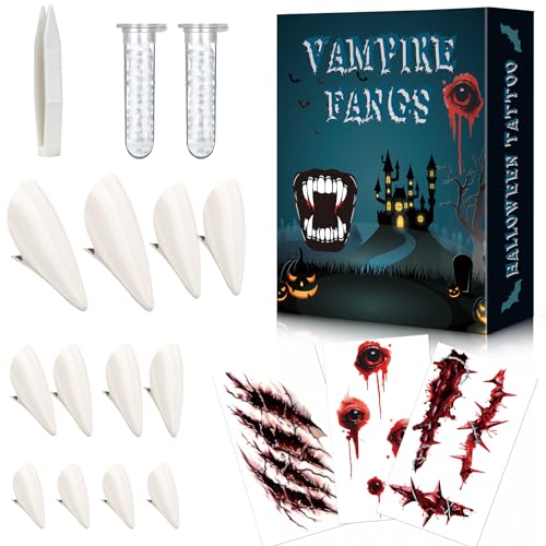 Aerku 12 Stück Vampirzähne Set, 6 Paar 4 Größen Vampirzähne mit 2 Röhrenzähnen Pellets Kleber, 3 Blatt Halloween Tattoos für Cosplay Party Requisiten Dress Up Horror Requisiten Aerku 12 Stück Vampirzähne Set, 6 Paar 4 Größen Vampirzähne mit 2 Röhrenzähnen Pellets Kleber, 3 Blatt Halloween Tattoos für Cosplay Party Requisiten Dress Up Horror Requisiten von Aerku