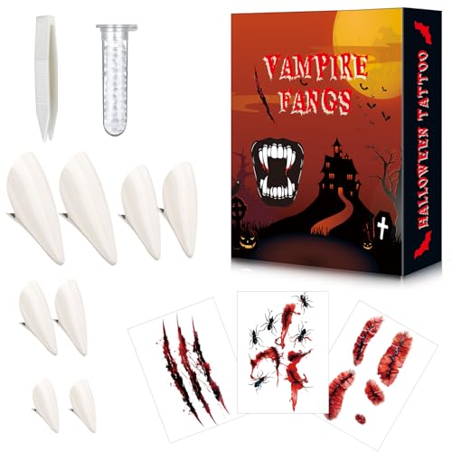 Aerku 9 Stück Vampirzähne Set, 4 Paar 4 Größen Vampirzähne 1 Tube Zähne Pellets Kleber, 3 Blätter Halloween Tattoos für Cosplay Party Requisiten Dress Up Horror Requisiten Aerku 9 Stück Vampirzähne Set, 4 Paar 4 Größen Vampirzähne 1 Tube Zähne Pellets Kleber, 3 Blätter Halloween Tattoos für Cosplay Party Requisiten Dress Up Horror Requisiten von Aerku