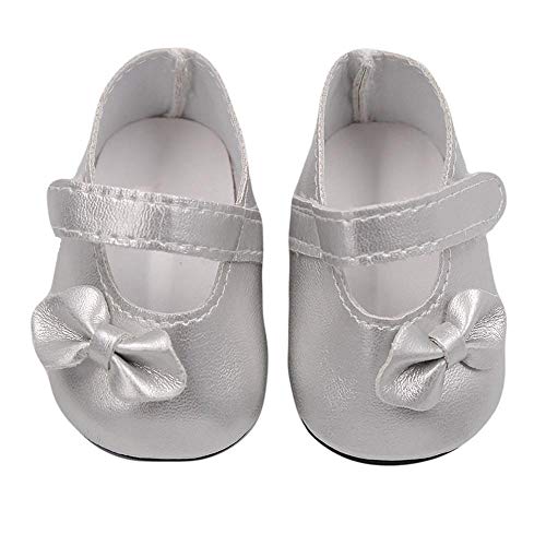 Aeromdale Puppe Schuhe PU Schuhe mit Bowknot für 18 Zoll American Doll Girls Puppen 46cm Puppe Zubehör Spielzeug - Silber - 1 Paar von Aeromdale