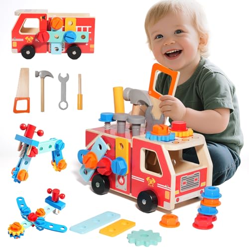 Aevorant Werkzeugkoffer Kinder, 2 in 1 Feuerwehrfahrzeug aus Holz und Werkzeug Kinder, Werkbank Holzspielzeug Spielzeug, Kinderwerkzeug Werkzeugwagen ab 3 4 5 Jahre, Geschenk Junge Mädchen von Aevorant
