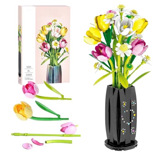 Afenau Blumen Bausteine Set, 1250 PCS Tulpen Bausteine Blumen mit Vase, DIY Blumenstrauß Bausteines, Bausteines Blumenstrauß für Frauen Mädchen Lieber Ideal Heimdekoration von Afenau