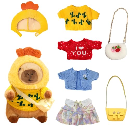 Afenau Capybara Plüschtier, 25cm Capybara Kuscheltier mit Kleidung und Rucksäcken, Snackles Capybara, Wasserschwein Kuscheltier für Kinderspielzeug, Geburtstagsgeschenke, Heimdekoration (8Pcs) von Afenau