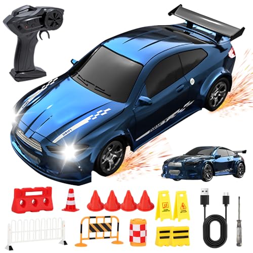 Afenau RC Drift Car, 1:64 Ferngesteuertes Auto Drift mit StraßEnsperren für Den Verkehr, 4WD Drift Auto Ferngesteuert mit LED-Leuchten, 10 km/h, 2.4GHz Mini RC Car für Kinder Ab 6 Jahren (Blau) von Afenau